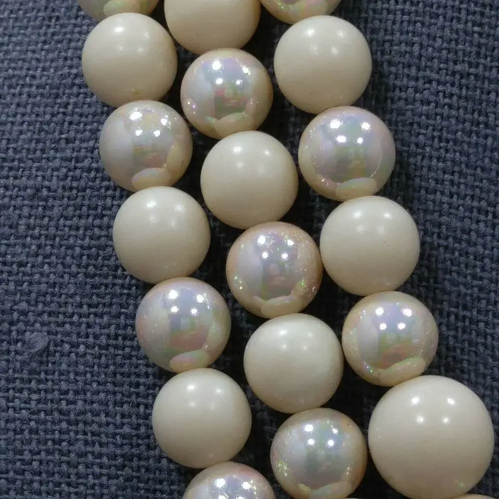 Vintage Mid Century Beige Iridescent Glass Beaded Necklace, 3 Strands, Box Clasp